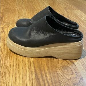 Free People Black Leather Platform Mules with Wood-Effect Sole